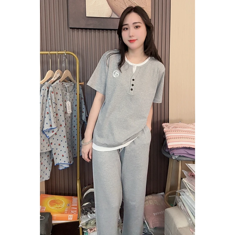 睡衣女夏季新款纯棉短袖长裤时尚可外穿休闲家居服（松弛假两件）