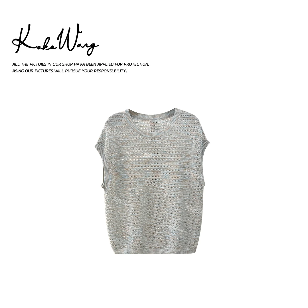 KOKO WANG夏季时尚亮片亚麻棉舒适透气无袖针织上衣X6655G05Z41