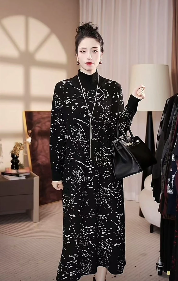 高端品质【荡漾白玫瑰】时尚百搭长款高领设计毛衣显瘦连衣裙-1288#