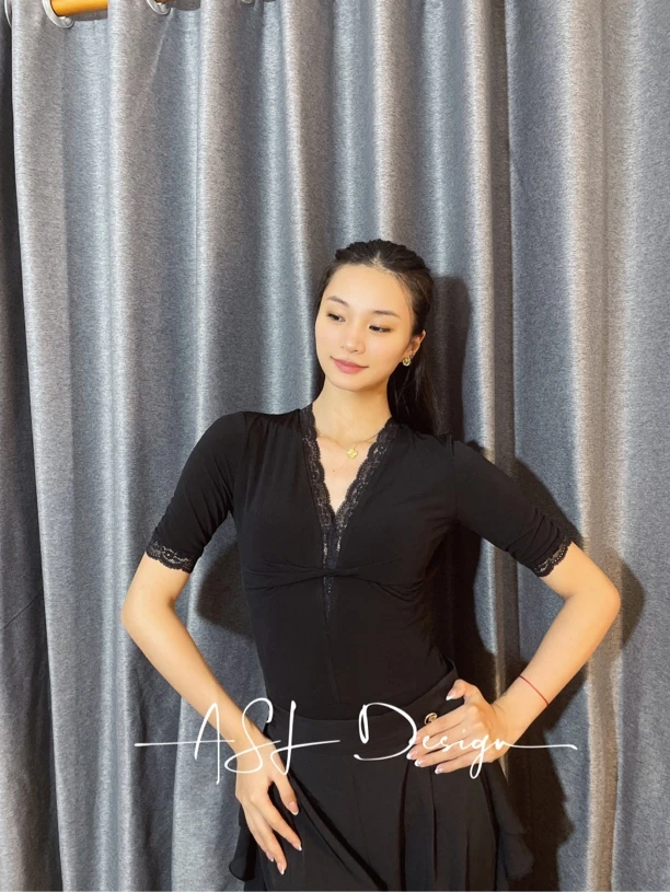 ASL Design新款短袖V领蕾丝气质百搭休闲风褶皱拉丁摩登上衣