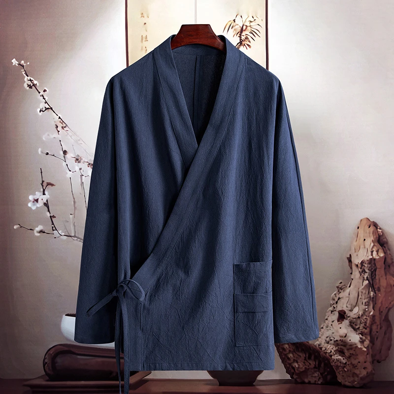 由天丨复古风棉麻汉服男装改良新中式斜襟禅意茶服亚麻居士服长袖