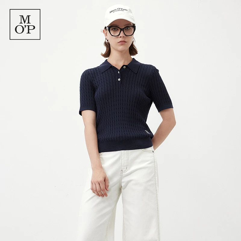 Marc O'Polo/MOP舒适莱赛尔女士简约翻领短袖绞花针织衫日常穿搭