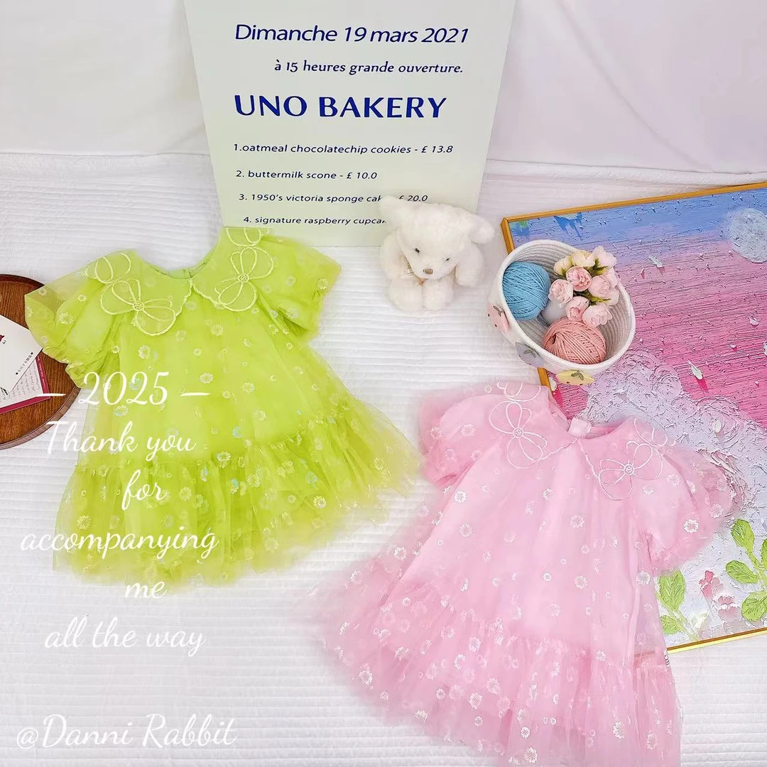 夏款新款女童时尚刺绣蝴蝶结领网纱连衣裙.D-C926