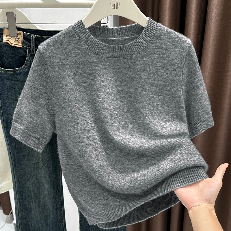 2025秋季新款气质韩版ins灰色宽松圆领针织短袖T恤时尚百搭上衣女