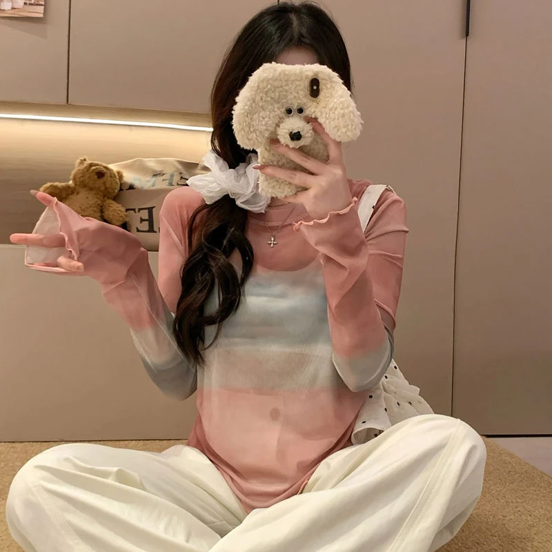 美式渐变打底网纱罩衫T恤女夏季2025新款设计感渐变小众防晒上衣