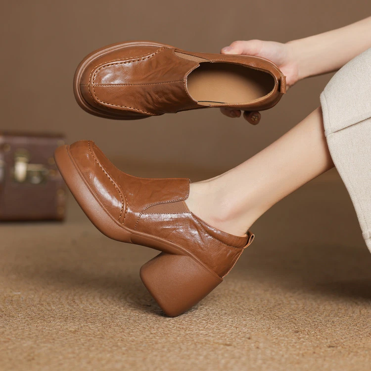 8cm 通勤休闲舒适百搭粗跟单鞋春季法式软底简约时尚高跟棕色单鞋