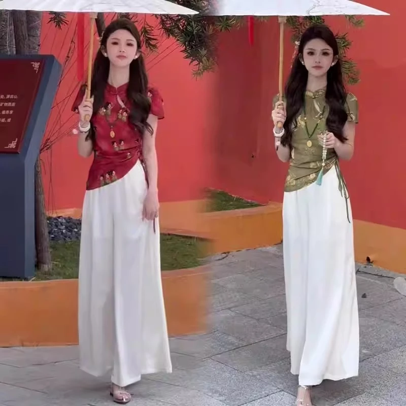 时尚套装女2025夏季新款气质显瘦盘扣提花短袖上衣阔腿裤两件套潮