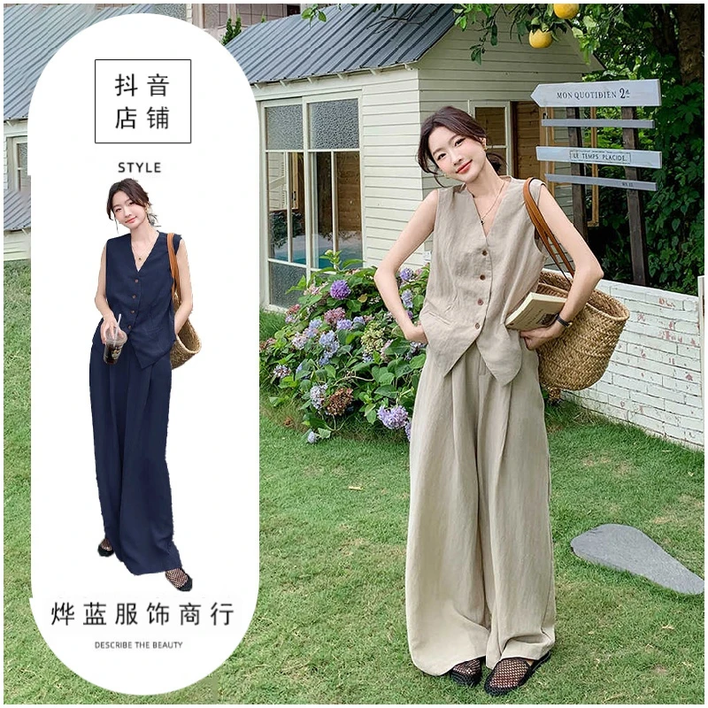 韩系气质慵懒松弛高级感套装女夏季2025新款无袖上衣阔腿裤两件套