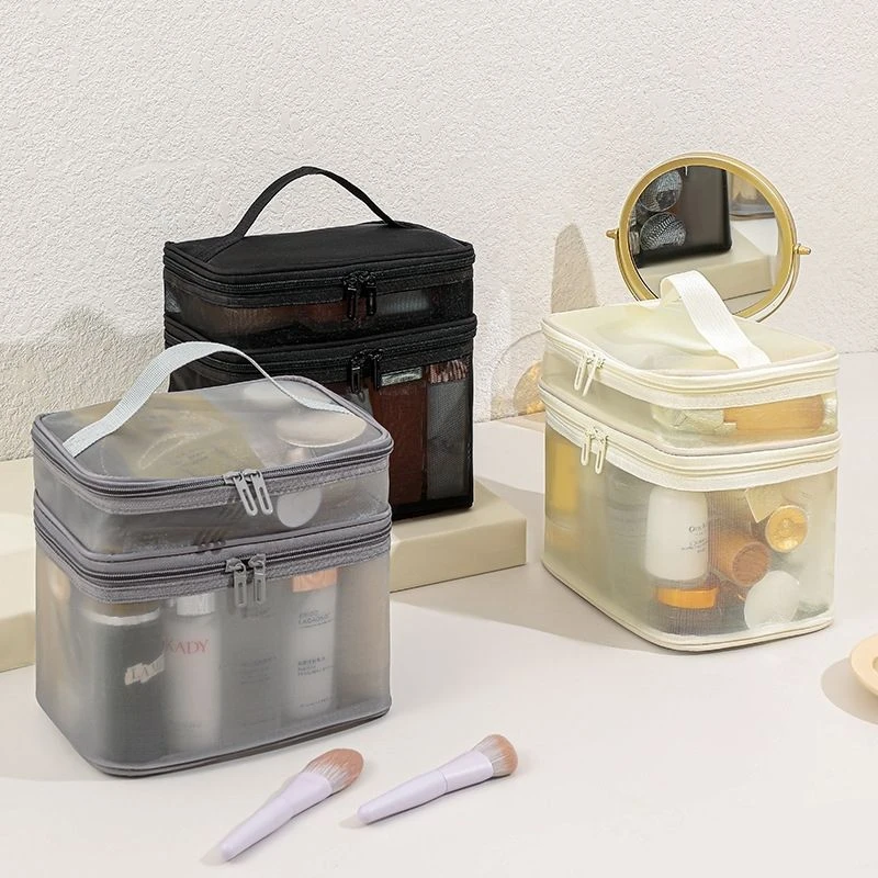 化妆包女便携式大容量手提旅行透明洗漱包网纱化妆品化妆刷收纳袋