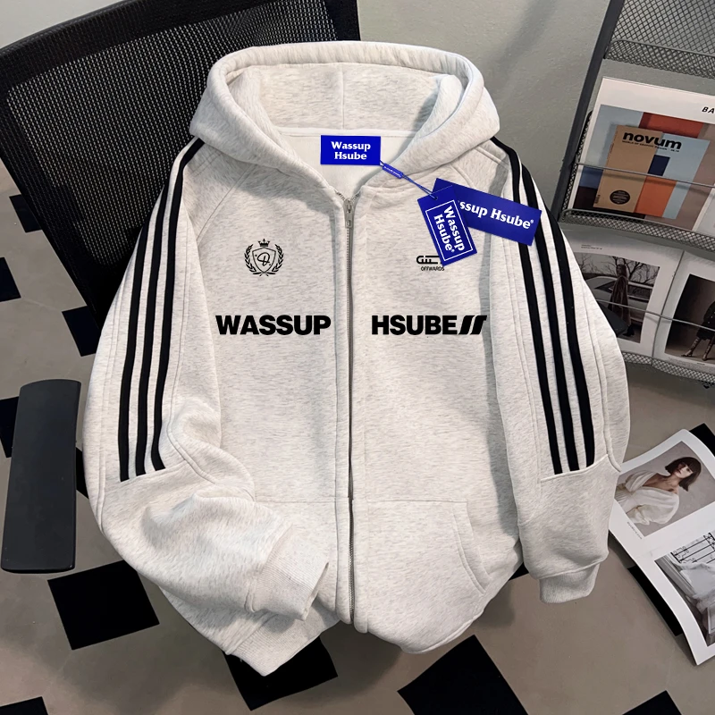 WASSUP HSUBE美式潮流青少年开衫连帽卫衣三条杠慵懒宽松外套上衣