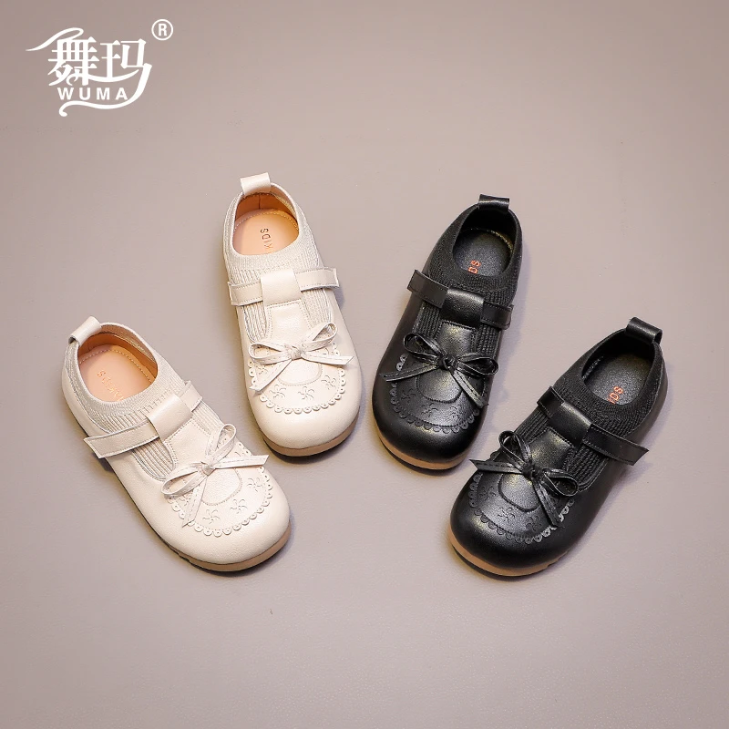 舞玛女童鞋子儿童公主鞋2025新款春秋季单鞋软底蝴蝶结皮鞋538505