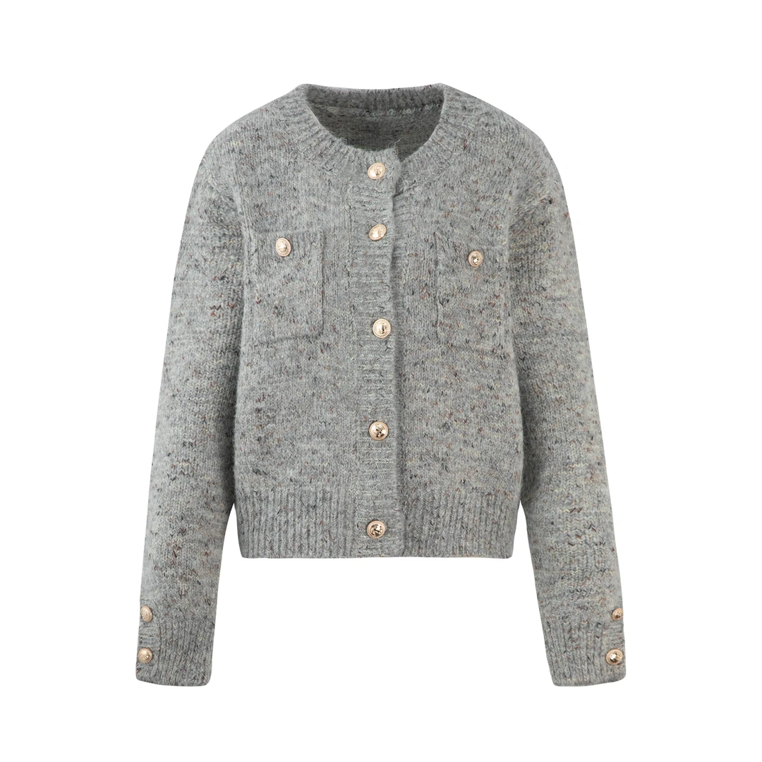 Basic House/百家好长袖针织衫小香风外套女灰色毛衣