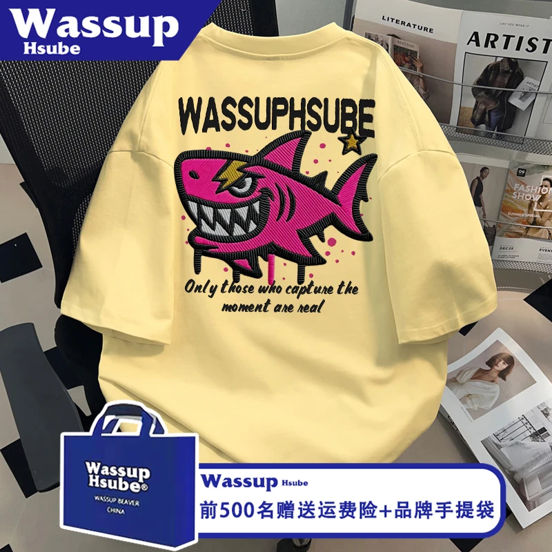 WASSUP HSUBE趣味卡通鲨鱼印花短袖T恤夏男女纯棉ins奶黄百搭半袖