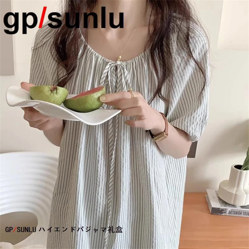 日系GP纯棉睡裙女款夏季简约风可爱系带条纹睡衣短袖可外穿家居服