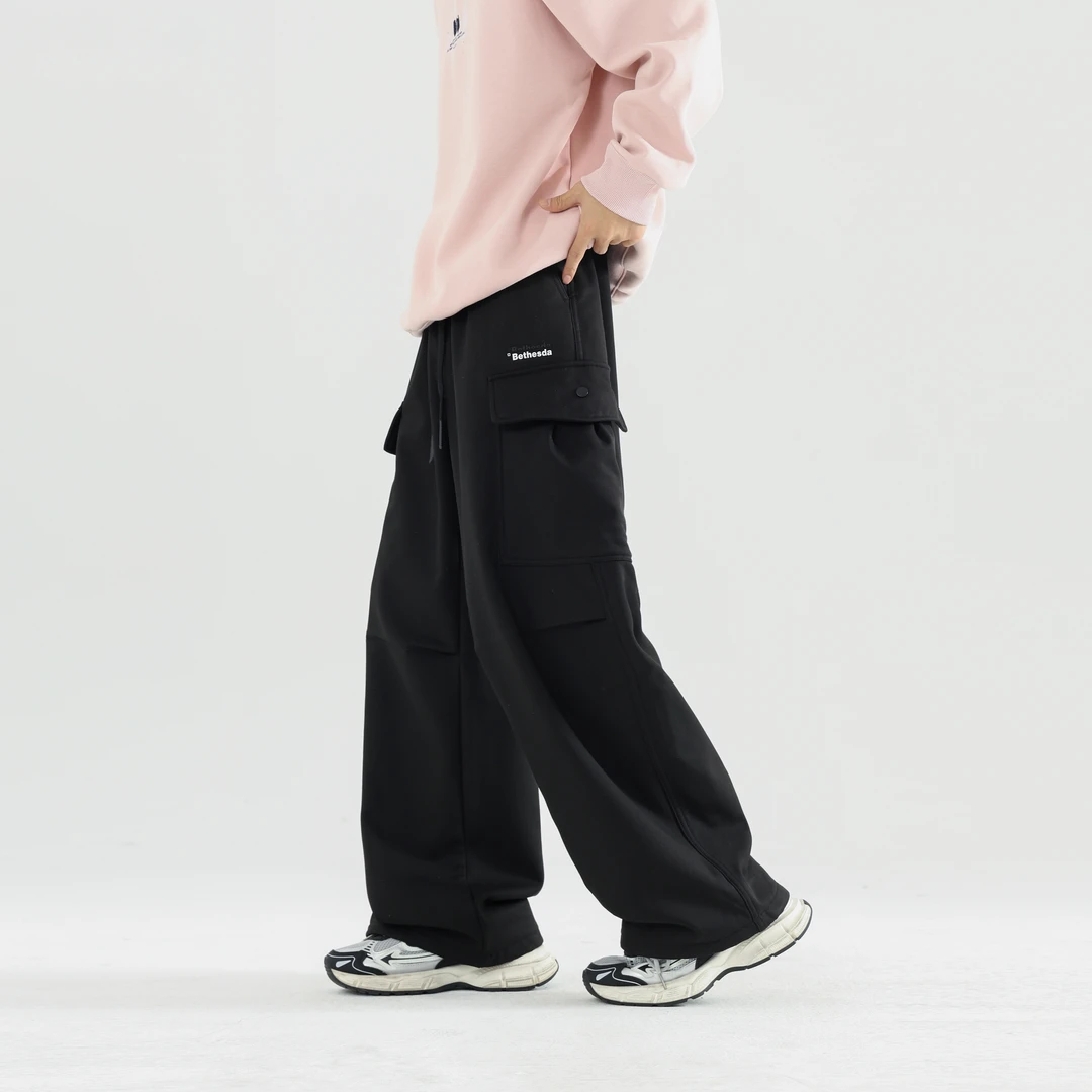 加绒工装裤青少年潮流时尚宽松百搭阔腿褶皱冬季休闲加绒工装裤