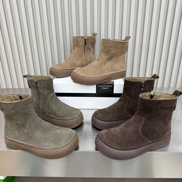 景3077新款厚底反绒皮秋冬加绒圆头防滑时尚短靴底厚4公分