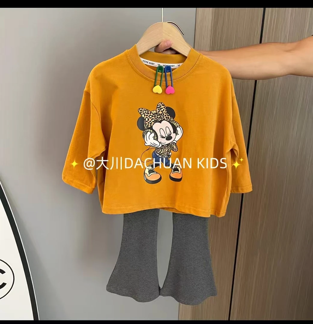女童韩版宽松米奇长袖T恤上衣打底裤两件套2025秋装新款时髦休闲T