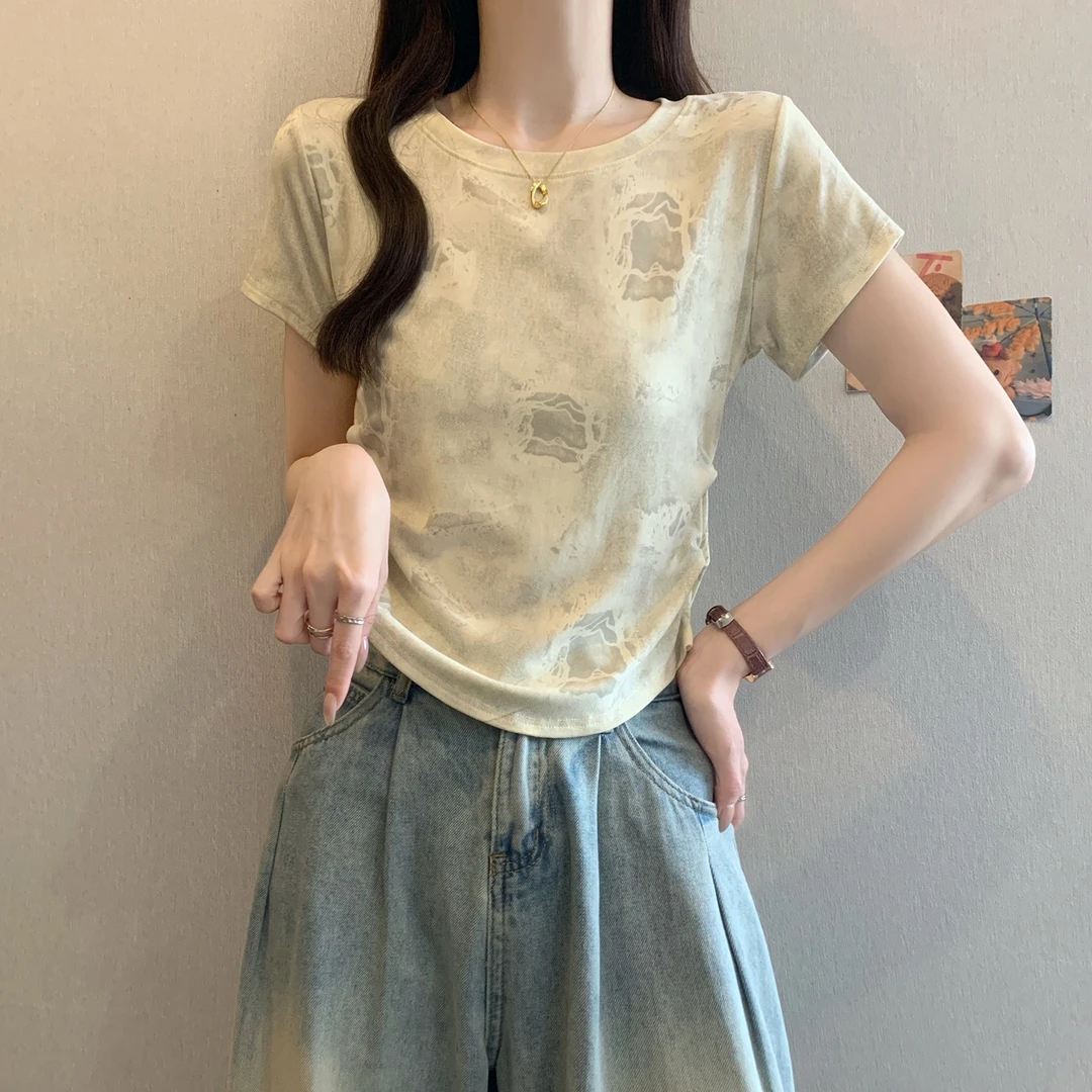 yoewshean/羽媗夏季微胖mm大码女装新短袖t恤遮肚子显瘦圆领上衣