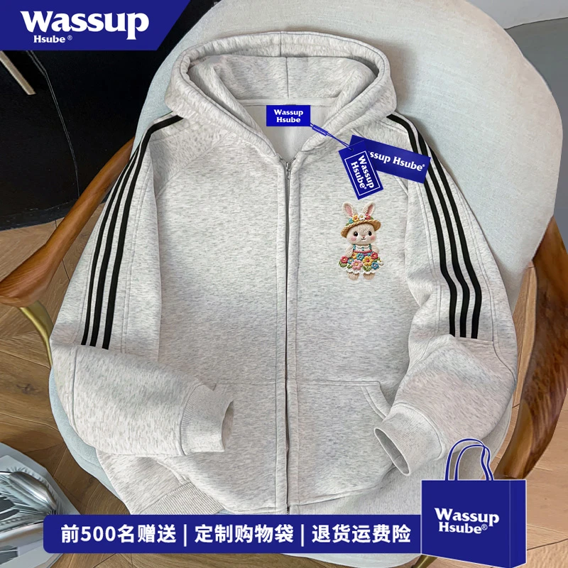 WASSUP HSUBE仿刺绣兔子印花连帽开衫卫衣男女秋冬宽松三条杠外套