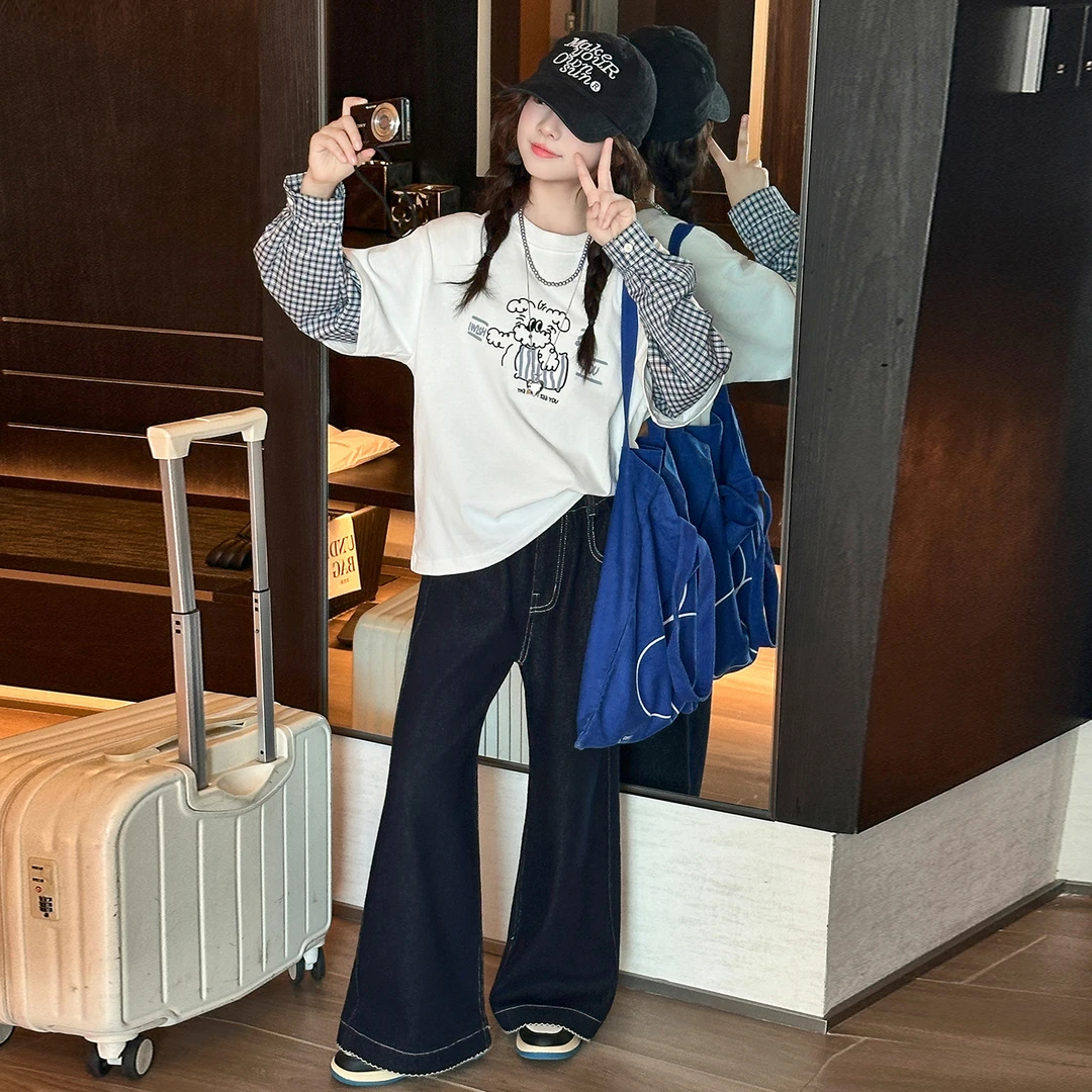 女童秋季长袖T恤套装儿童假两件上衣小女孩打底衫大童直筒牛仔裤