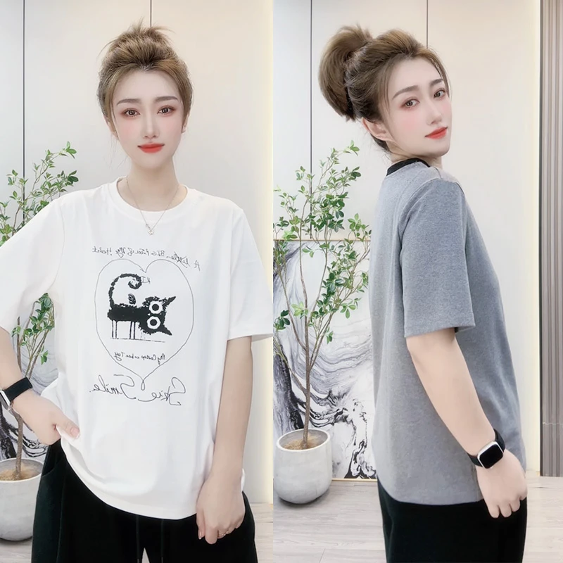 夏季大码200斤短袖t恤女宽松休闲小猫印花半袖百搭显瘦圆领上衣