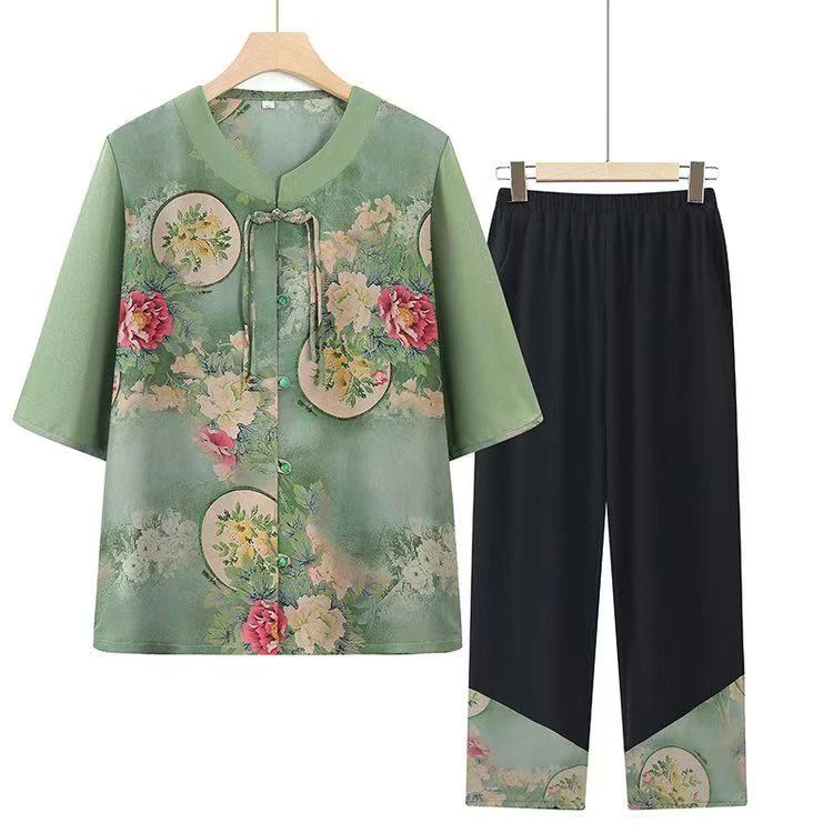 9165-绿 花好月圆中老年妈妈装夏季时尚新款舒适宽松套装【季家浜】