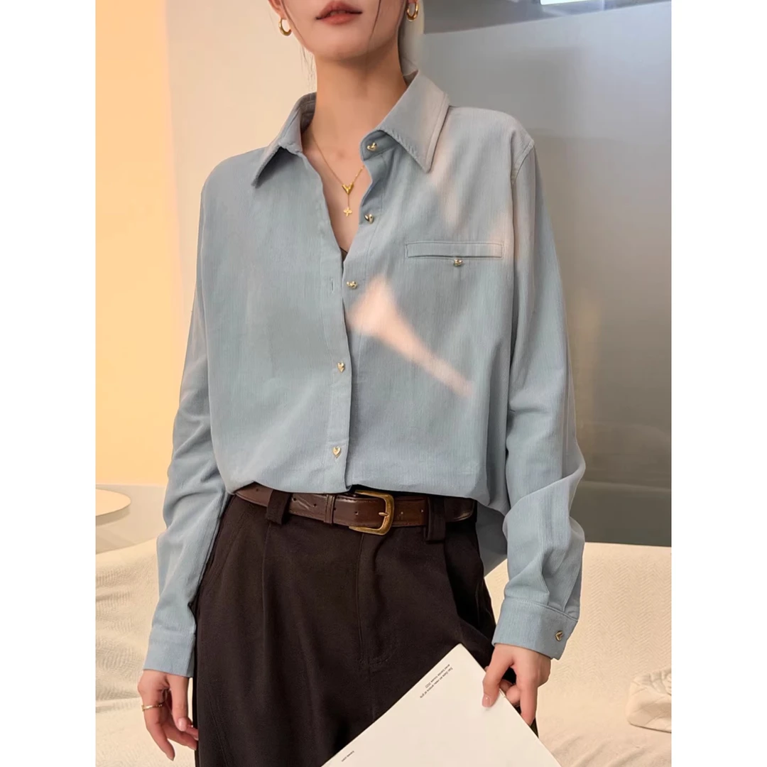 POLO领蓝色衬衫2025新款女秋冬设计感韩系长袖衬衣宽松灯芯绒上衣