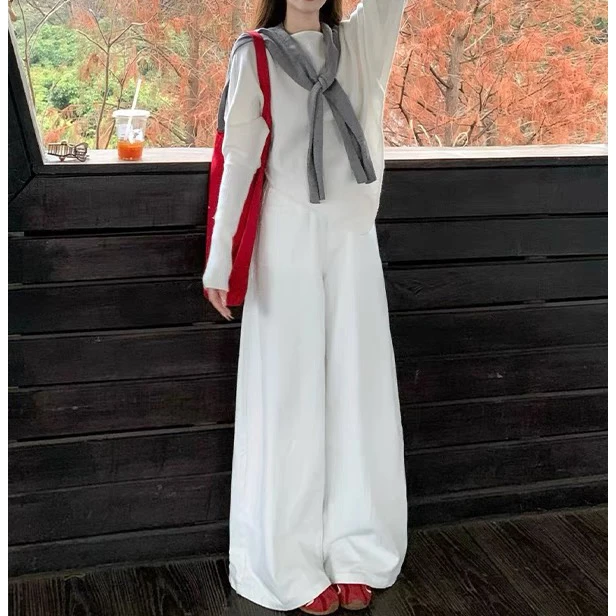 入秋穿搭一整套女装2025新款简约风休闲白色长袖上衣高腰阔腿裤子