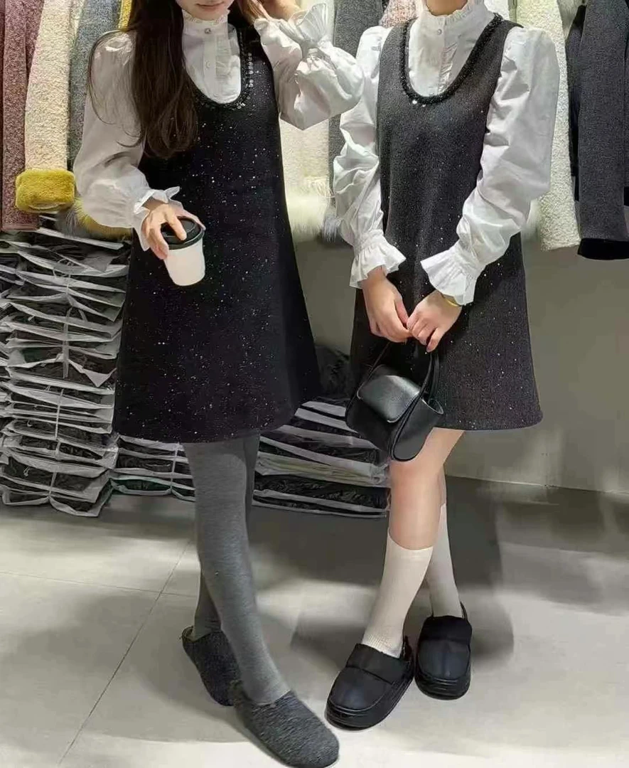 春季新款法式气质背心裙木耳边衬衫两件套女网红洋气时尚韩版百搭