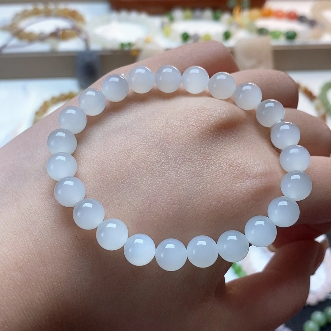 和田玉手链未镶嵌冰白一线猫8mm手串