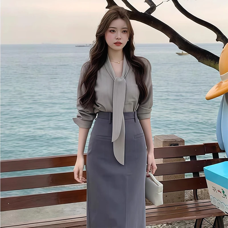 春季2025新款韩系御姐高级感气质条纹衬衫上衣高腰半身裙两件套装