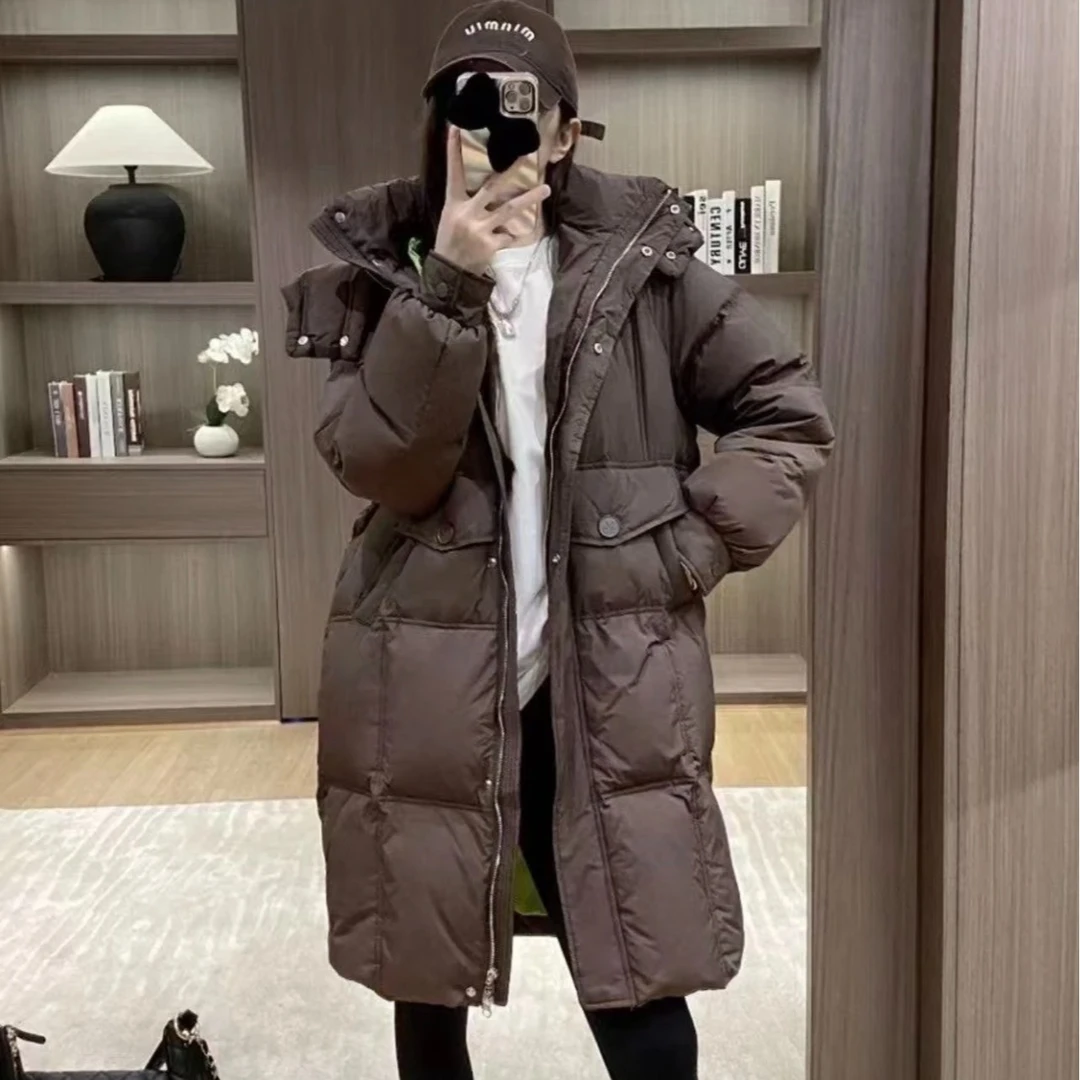 【咖色深沉】2025秋冬韩版新款加厚连帽国标鸭绒中长款羽绒服女外套