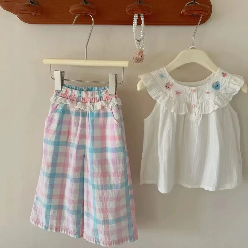 【现货】多巴胺女童夏季新款套装洋气儿童甜美背心娃娃衫彩色格子裤