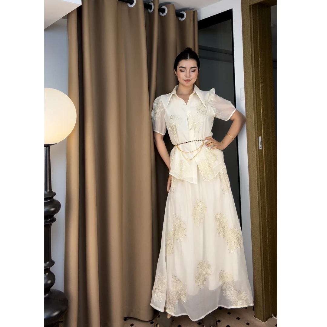 爱念法式套装重工刺绣短袖盘扣上衣半身裙套装夏季配腰带