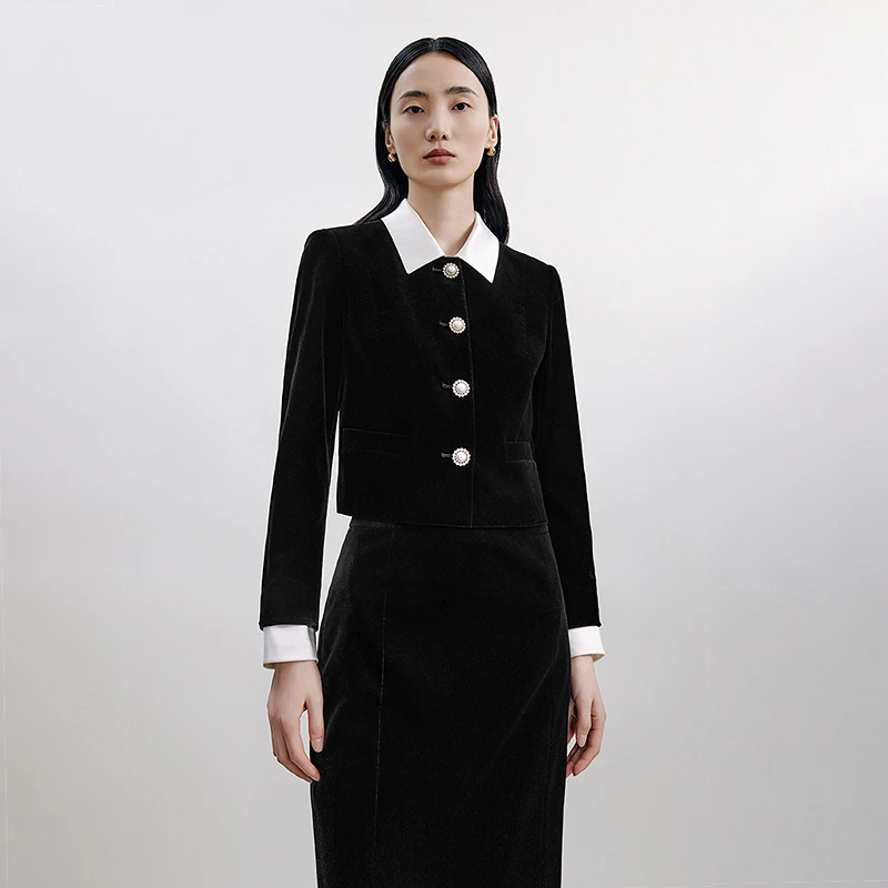 【商场同款】】朗姿/LANCY 2024秋季新品钻石丝绒奢雅外套女翻领典雅