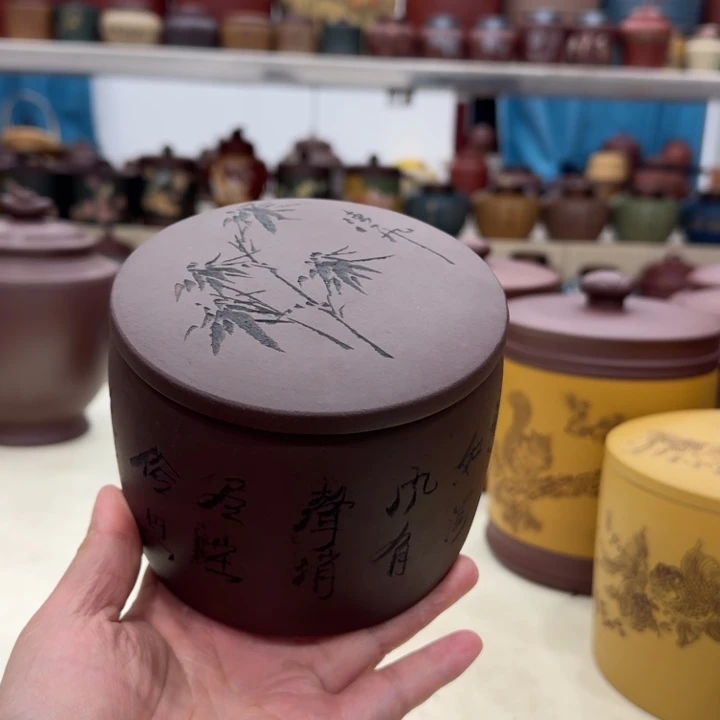 紫砂茶叶罐直筒刻竹四两