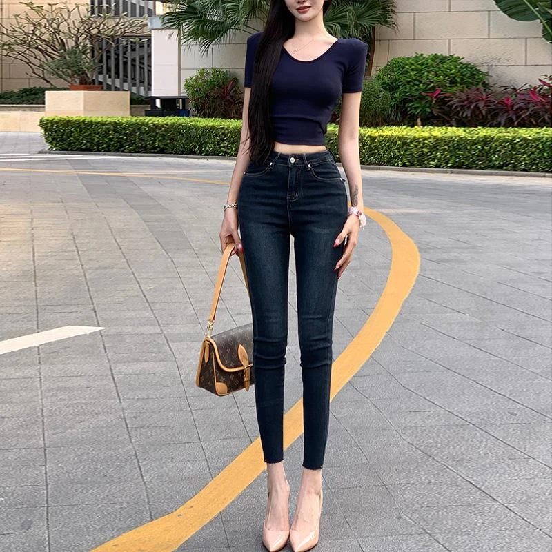 蓝灰提臀丰胯牛仔烟管裤女2025夏季新款修容饱满高腰显瘦显高长裤