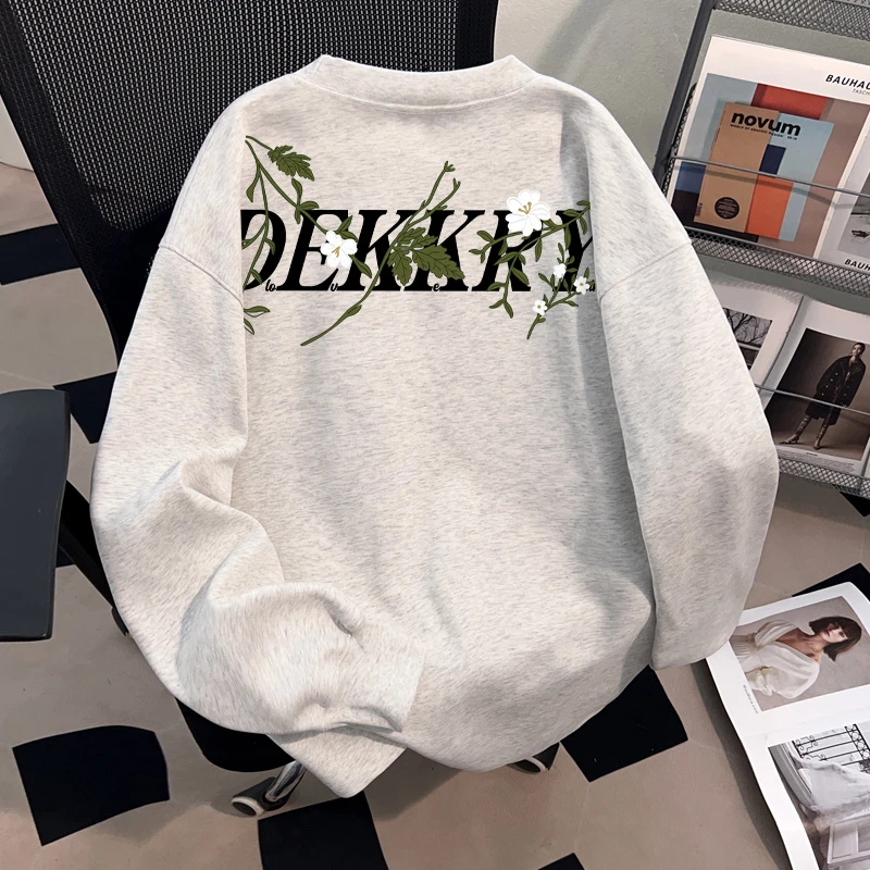 Dekkry秋冬纯棉长袖男女款潮流创意字母花卉印花圆领宽松t恤上衣