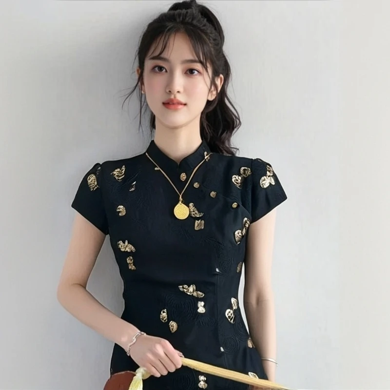 黑色新中式改良旗袍连衣裙女夏季2025旗袍裙子女款爆款2025新款