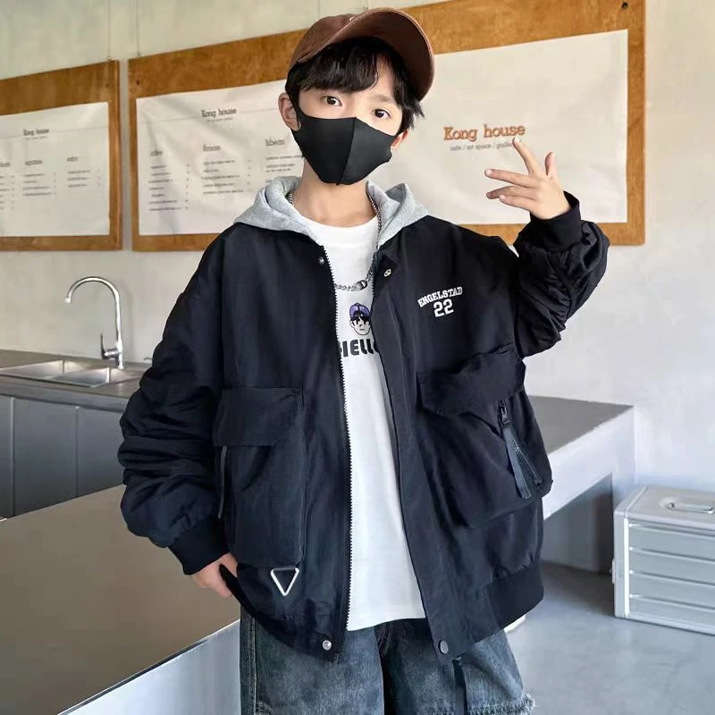 502119童装男童外套2025春儿童假两件休闲潮酷外搭男孩帅气上衣潮