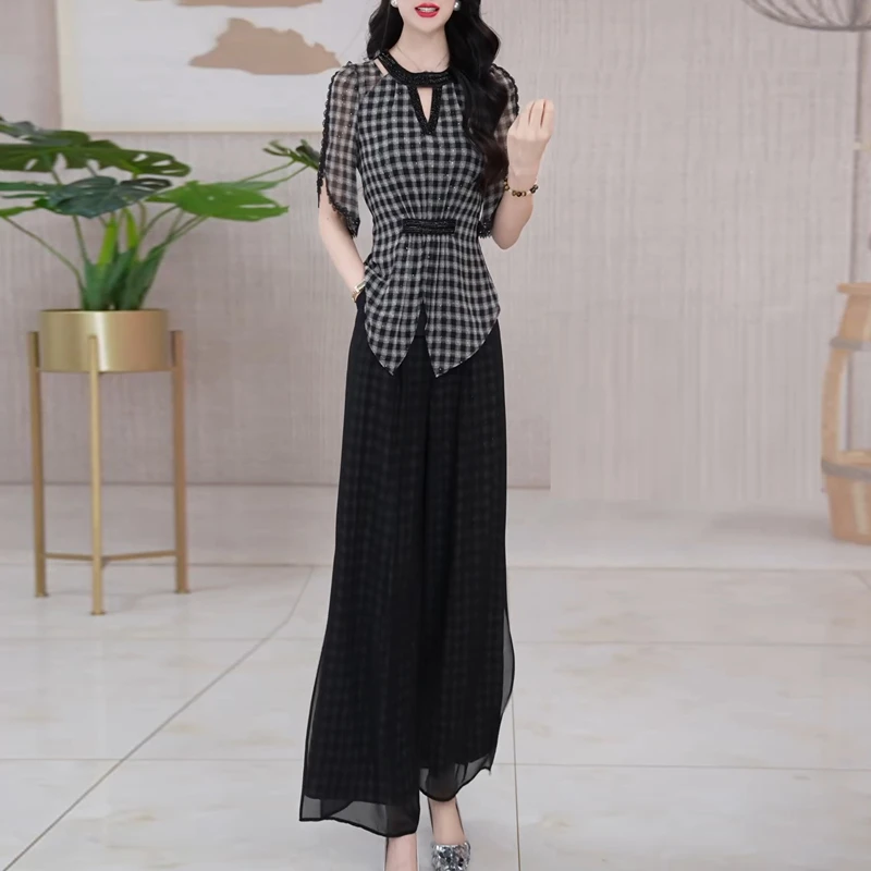 设计感时尚格子收腰百搭套装女2025夏季新款修身显瘦阔腿裤两件套
