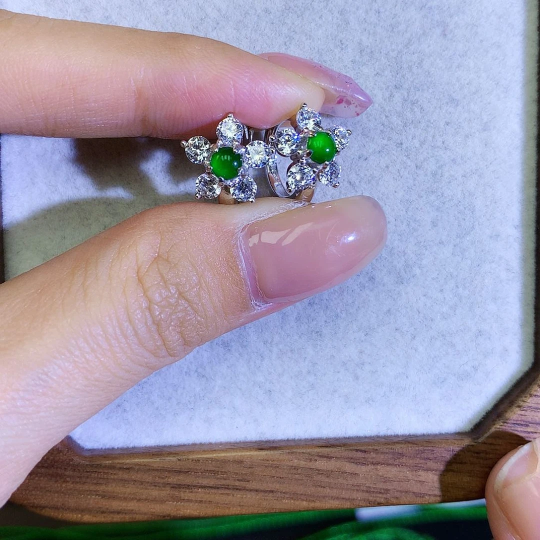 翡翠耳饰银S925镶嵌天然翡翠耳包