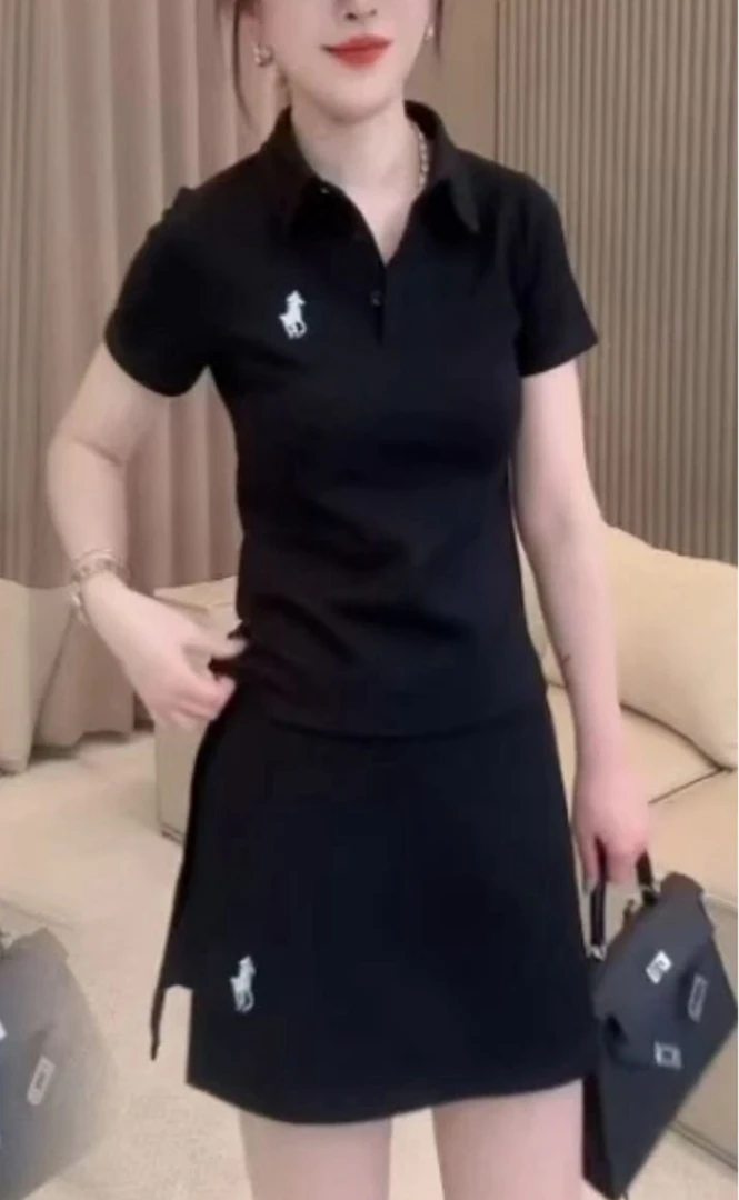 BL夏季小马刺绣纽扣polo领短袖T恤搭配高腰短裙女装