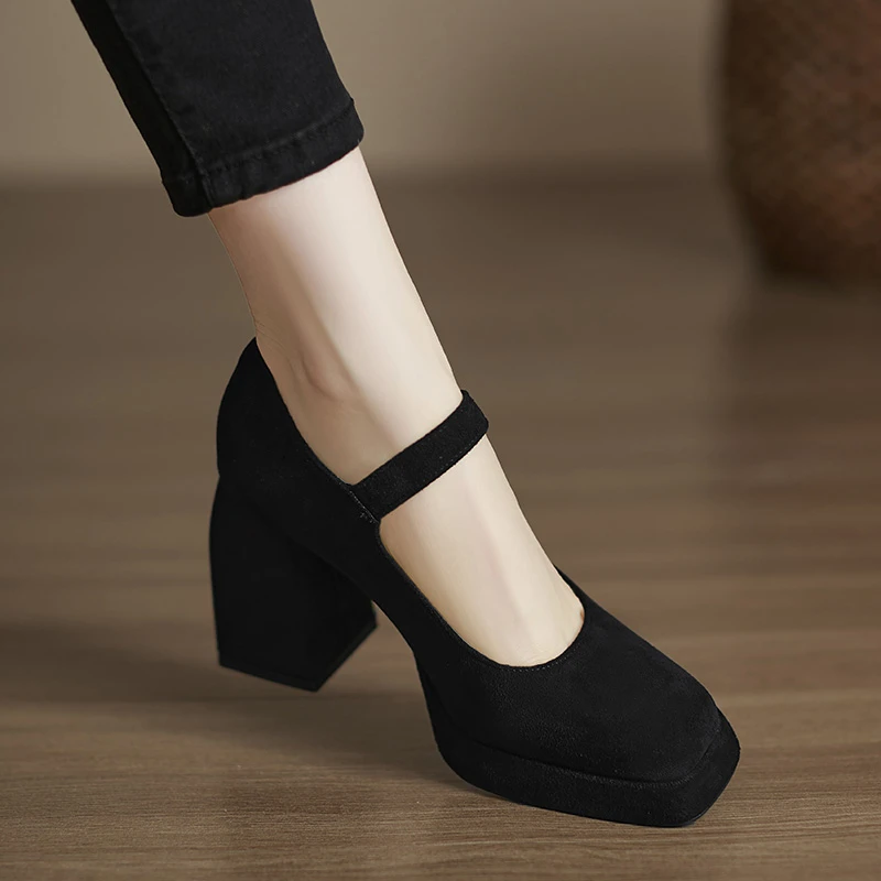 小个子手工女鞋11cm~不累脚高跟鞋圆头防水台一字扣带绒面单鞋女