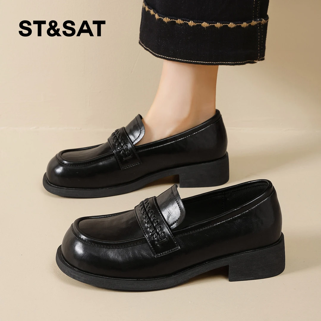 星期六厚底小皮鞋女2026新款春季英伦风单鞋一脚蹬通勤黑色乐福鞋