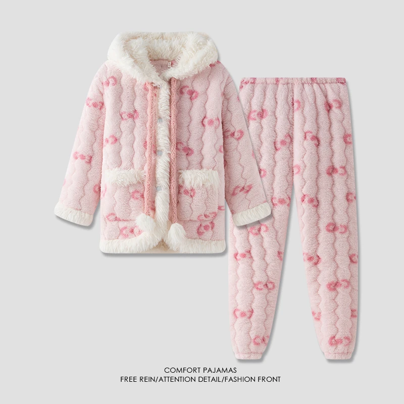 冬季加厚女士睡衣三层夹棉可爱卡通保暖家居服棉袄24357