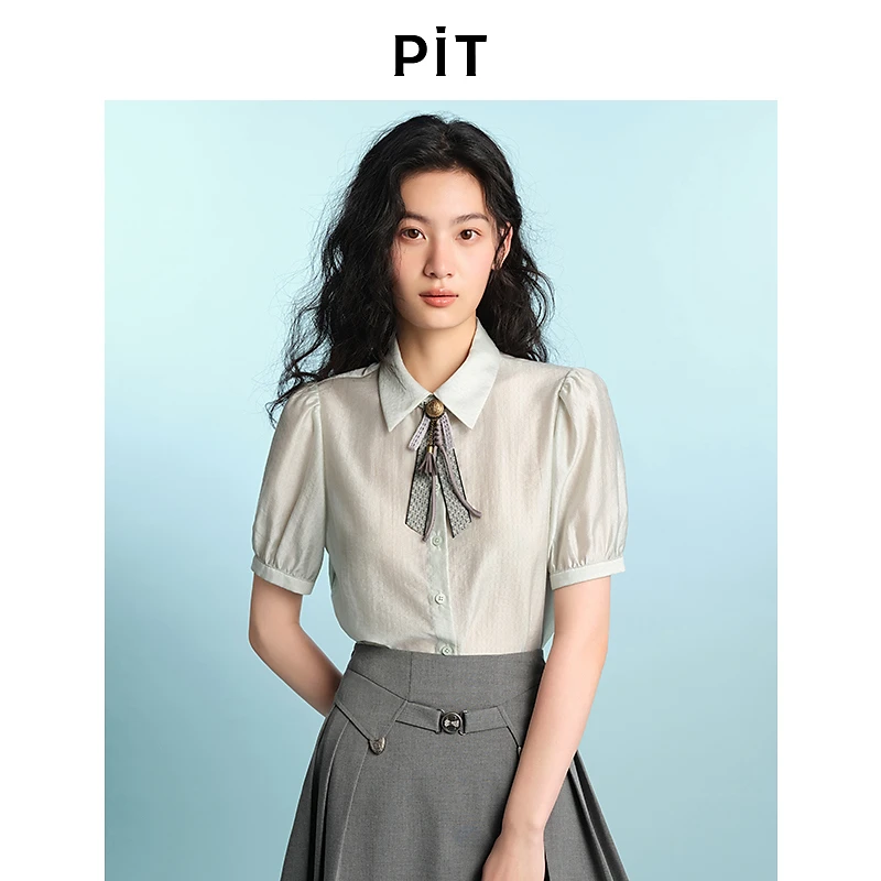 PIT复古纯色翻领领结短袖开衫衬衫女2025夏薄款透气凉感小衫上衣