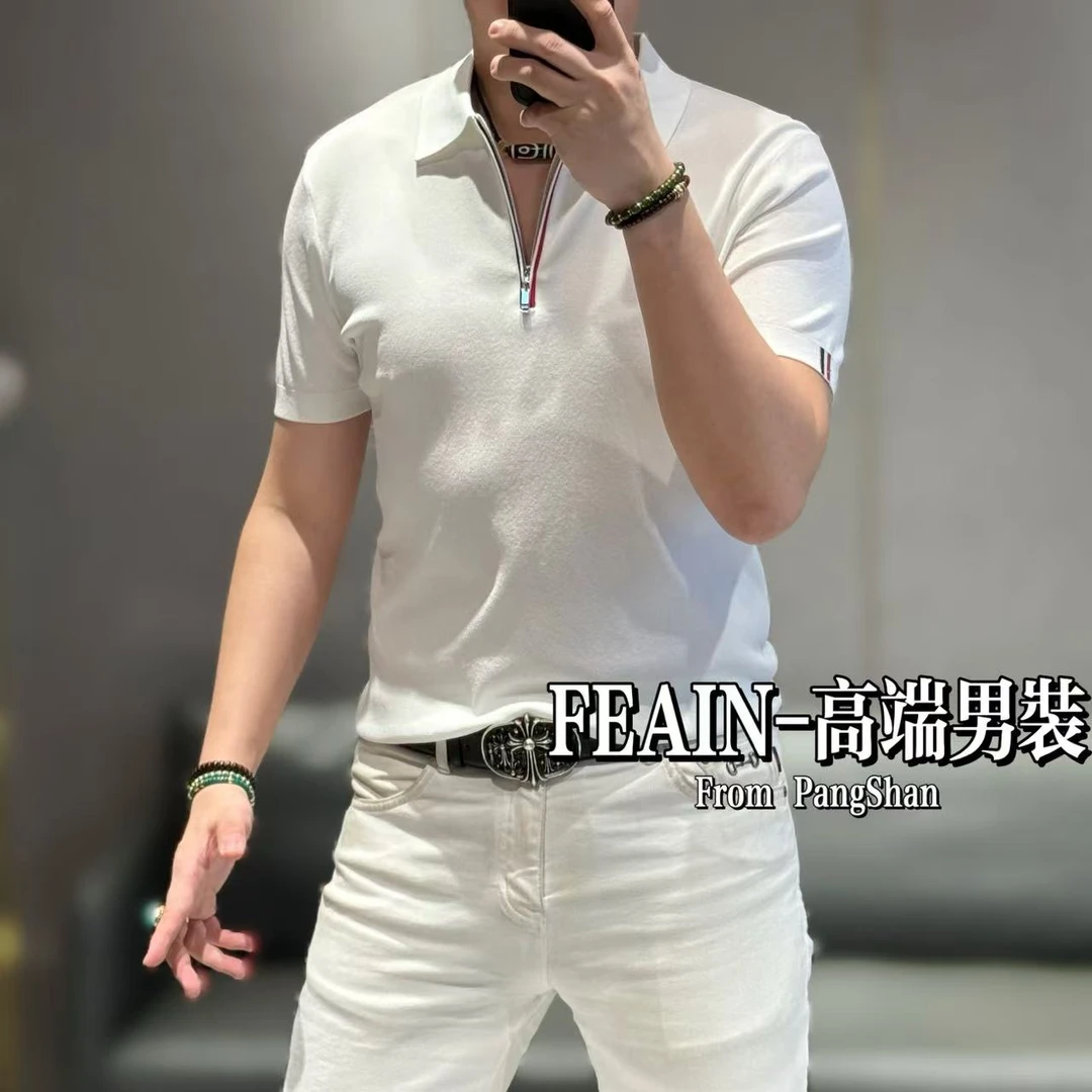 高端男士伊力特丝半拉链设计三色点缀短袖Polo56107