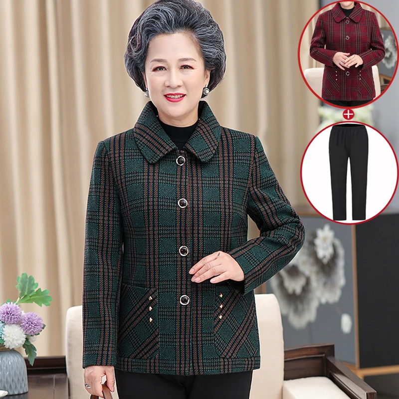 妈妈春秋短款外套女60岁70奶奶装秋装格子上衣宽松老太太老人衣服