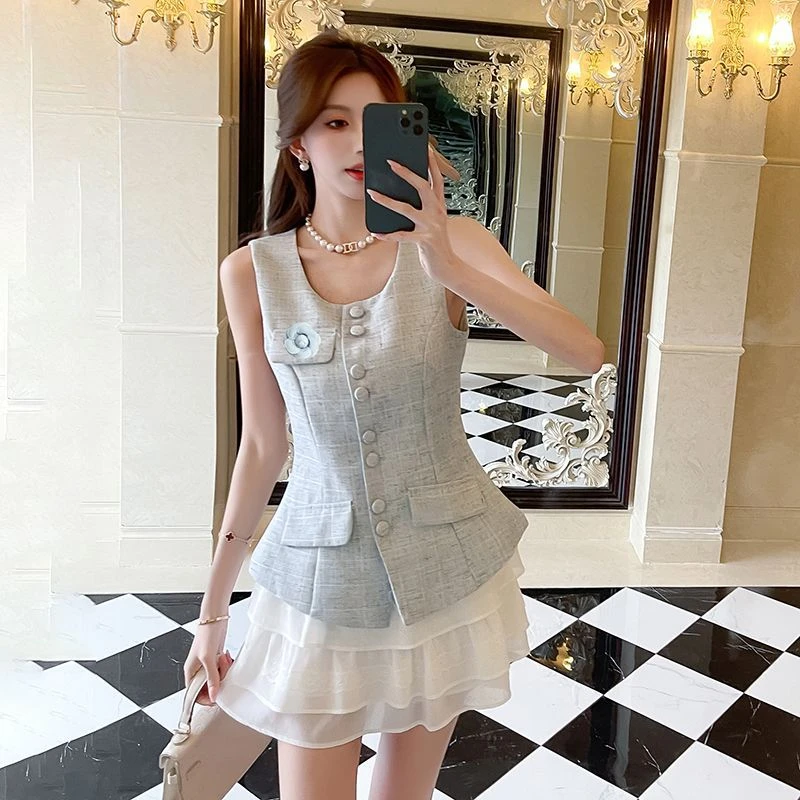 高级感名媛小香风爆款穿搭两件套装裙夏季新款马甲背心蓬蓬短裙女